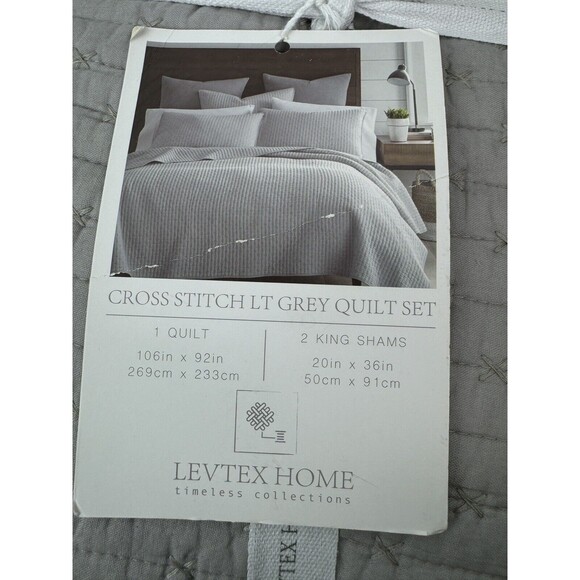 Levtex Home Cross Stitch 3 Piece Gray King Quilt Set NWT - Picture 8 of 9